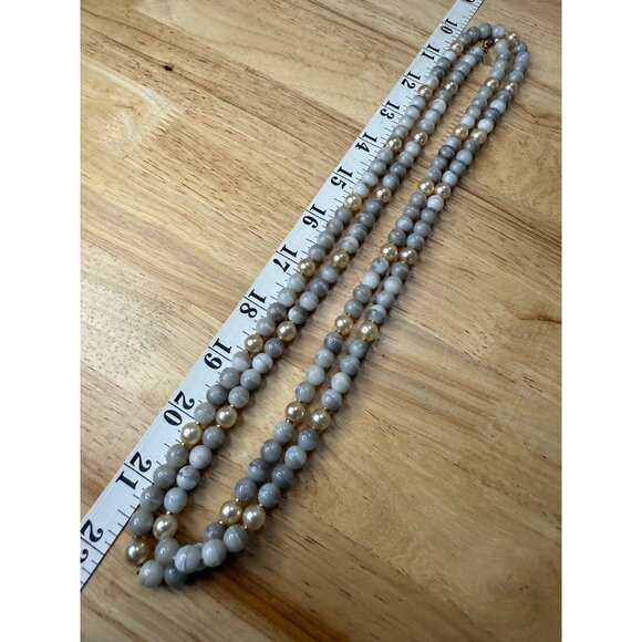 Long Beaded Necklace With Neutral Gray & Gold Tones - Picture 6 of 11